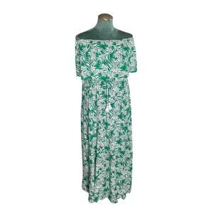 Japna Women's Off-The-Shoulder Layered Maxi Dress Green Leaf Print Rayon Size L